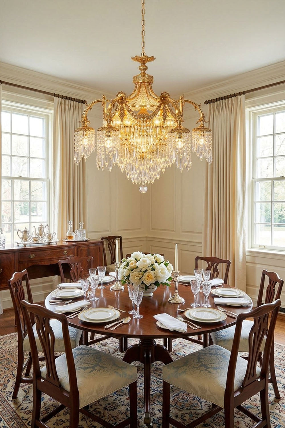 Belcastre Brass Crowned Crystal Cascade Chandelier | Cut Crystal and Brass | Centered over a long formal dining table with high-back chairs | Samu Lamp