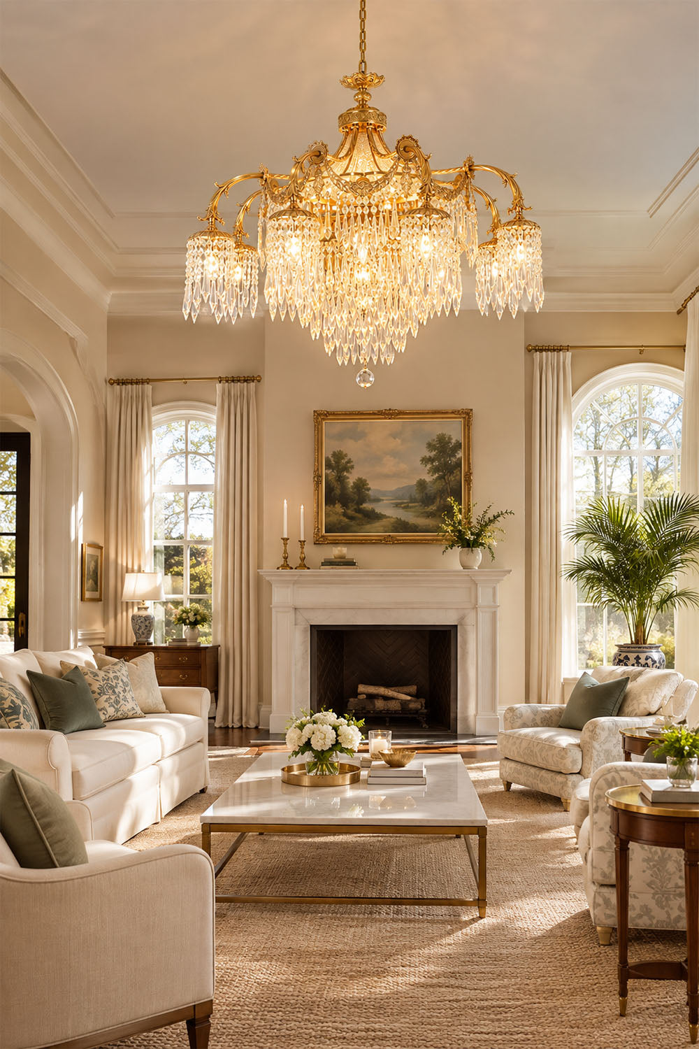 Belcastre Brass Crowned Crystal Cascade Chandelier | Cut Crystal and Brass | Displayed in a luxury living room with a fireplace and large windows | Samu Lamp