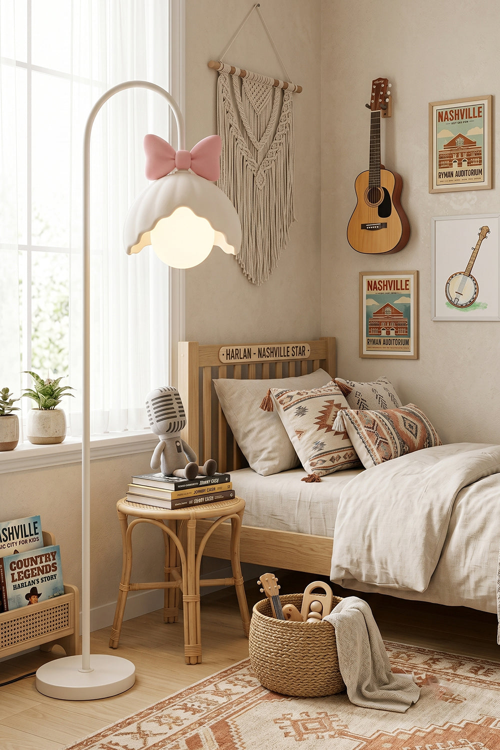 Bella Bow Arched Floor Lamp | Metal, Resin | Pink bow version styled as a cozy nursery corner nightlight next to a wooden toddler bed and boho wall decor | Samu Lamp