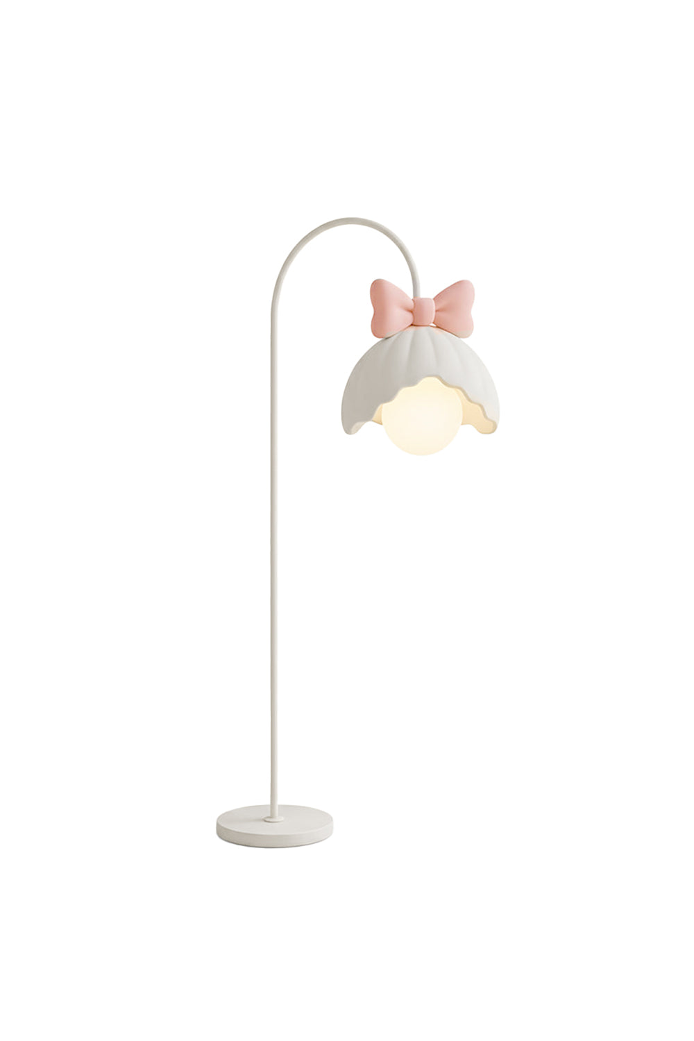 Bella Bow Arched Floor Lamp | Metal, Resin | Whimsical white arched gooseneck floor lamp featuring a scalloped flower lampshade topped with a pastel pink bow | Isolated lit product shot on white background | Samu Lamp