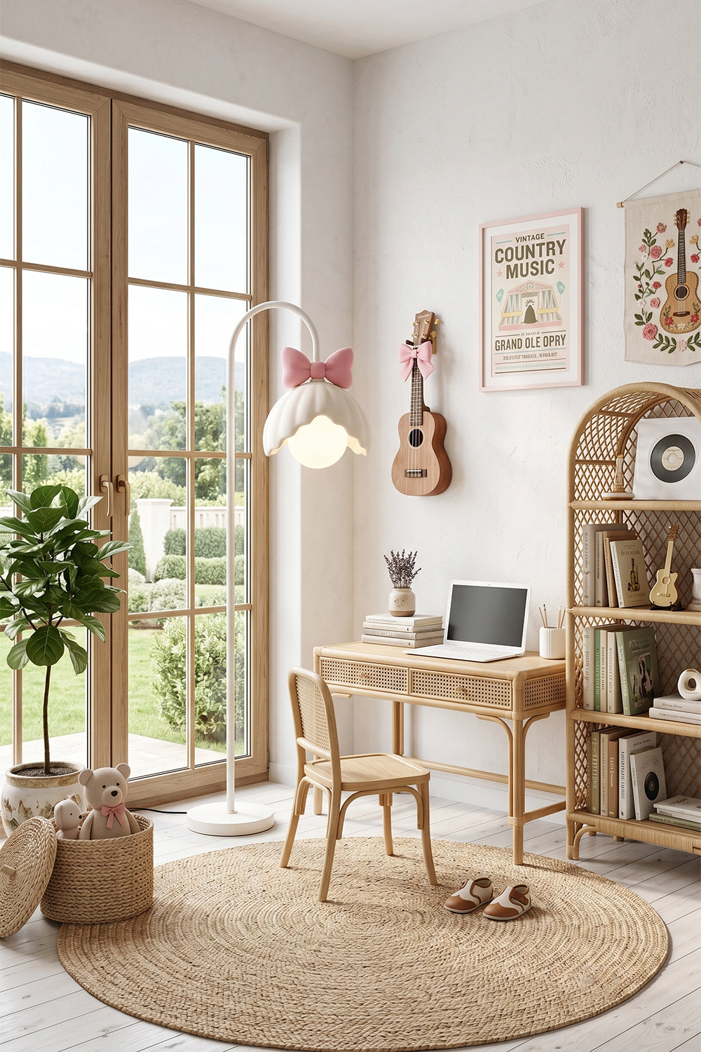 Bella Bow Arched Floor Lamp | Metal, Resin | Pink bow version standing on a round jute rug next to a light wood children's study desk and high arched window | Samu Lamp