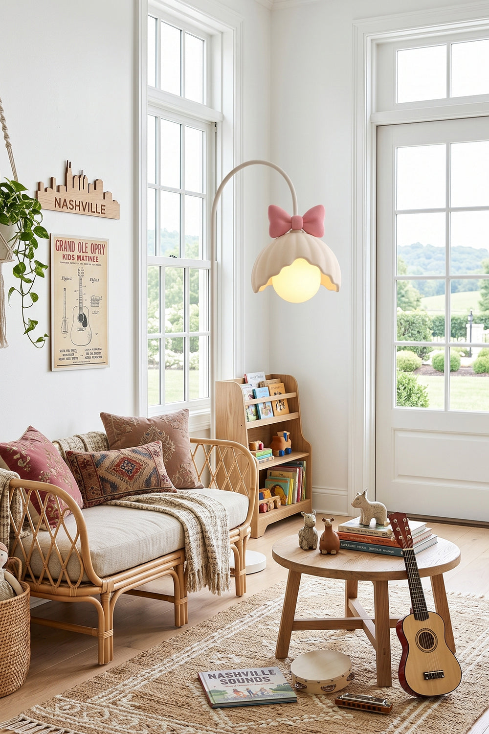 Bella Bow Arched Floor Lamp | Metal, Resin | Pink bow variant standing in a bright bohemian kids' playroom or nursery next to a rattan sofa and a wooden coffee table | Samu Lamp