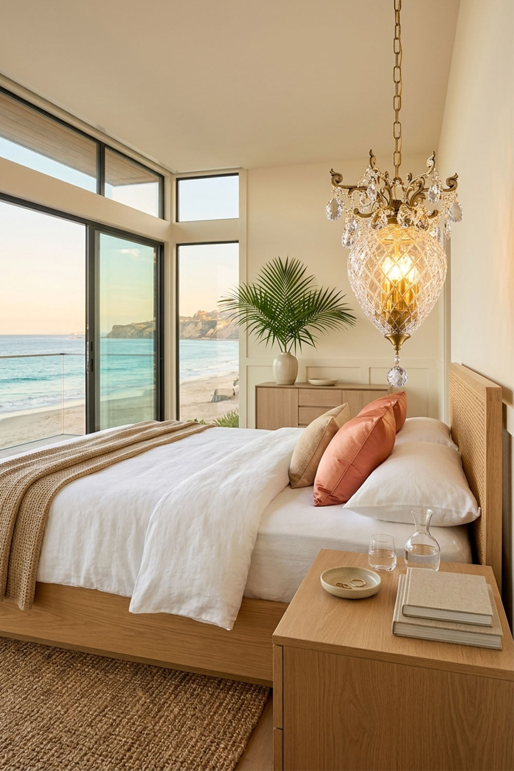 Bertrand Cut Glass Teardrop Pendant Light hanging in a modern bedroom with a beach view.