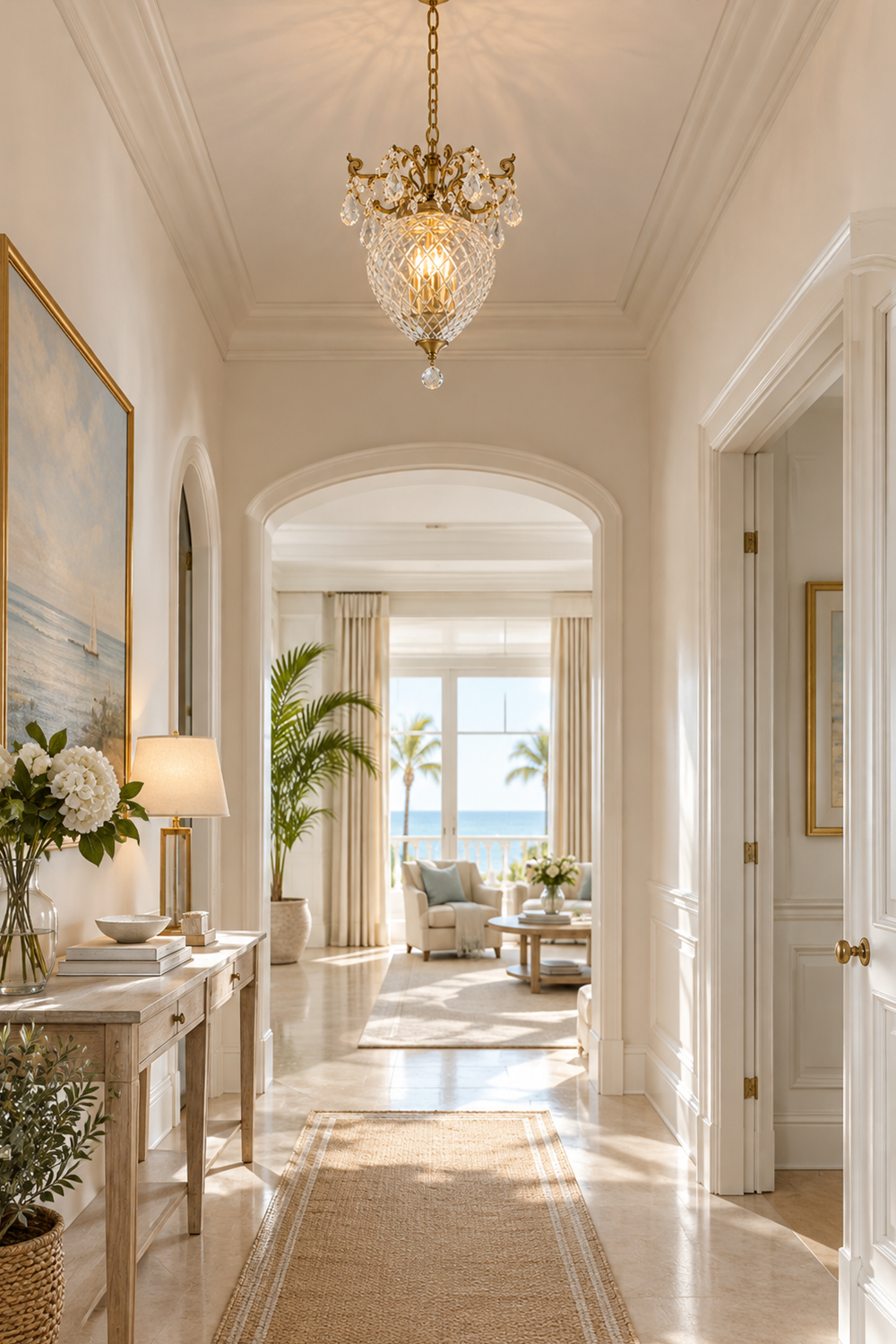 Bright hallway featuring a Bertrand Cut Glass Teardrop Pendant Light, elegant decor, and ocean view.