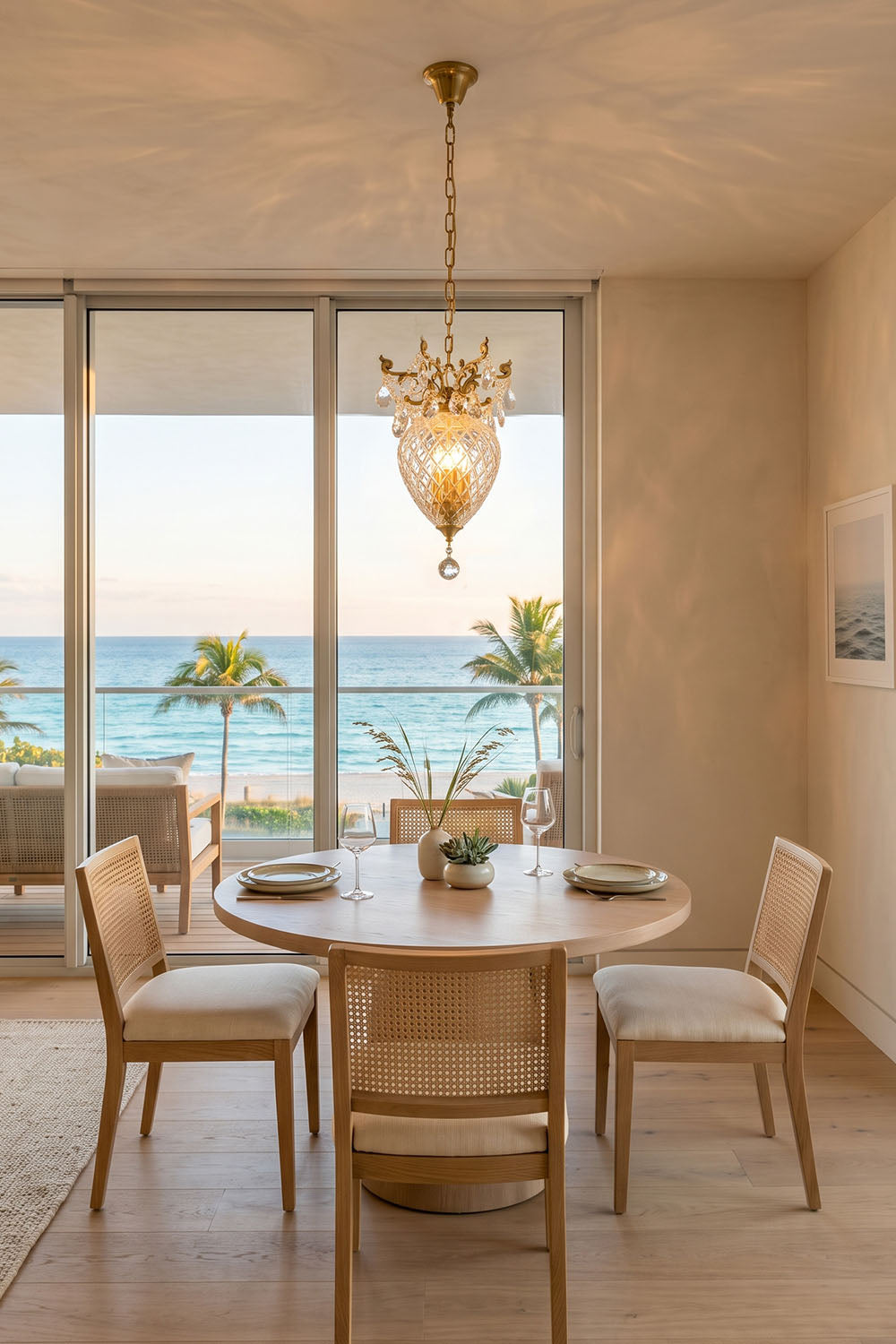 Bertrand Cut Glass Teardrop Pendant Light hanging over a round dining table with ocean view in a modern interior.