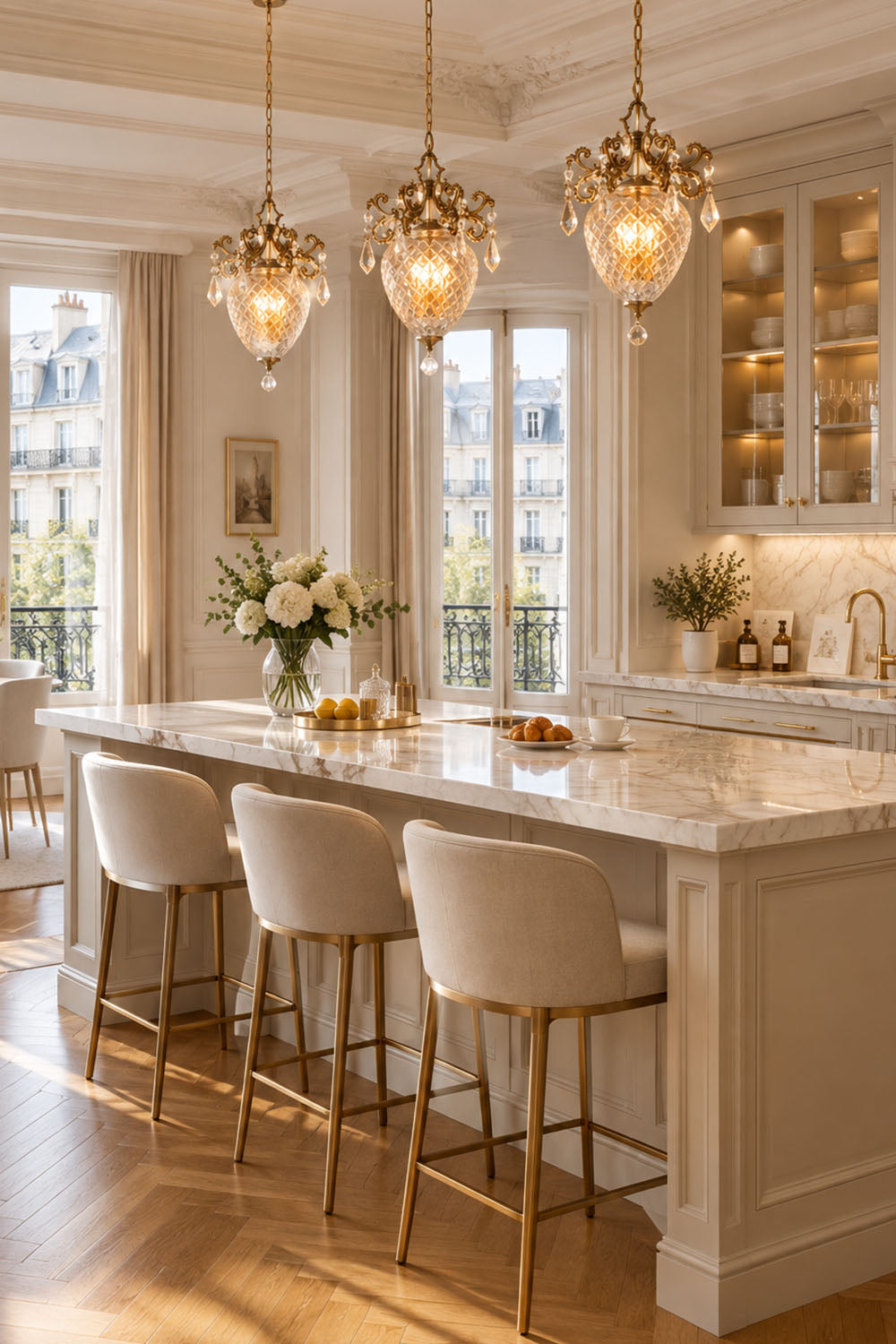 Elegant kitchen featuring Bertrand Cut Glass Teardrop Pendant Light above a marble countertop and stylish bar stools.
