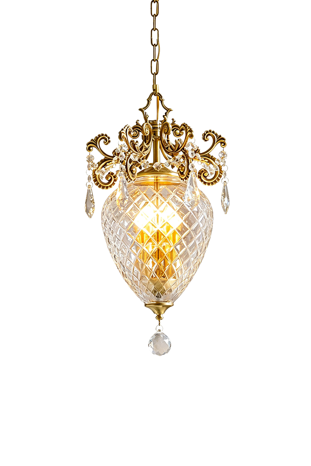 Bertrand Cut Glass Teardrop Pendant Light showcasing intricate crystal design and elegant brass accents.