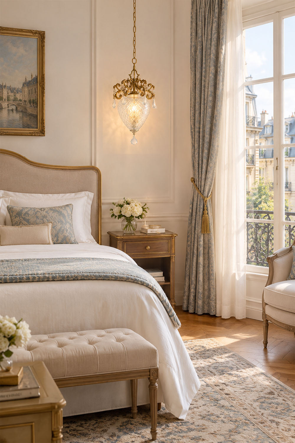 Elegant bedroom featuring Bertrand Cut Glass Teardrop Pendant Light above a cozy bed and stylish decor.