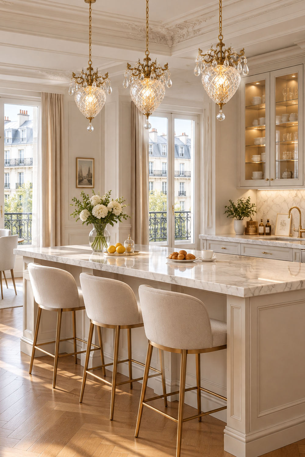 Elegant kitchen featuring three Bertrand Cut Glass Teardrop Pendant Lights above a marble countertop with stylish bar stools.