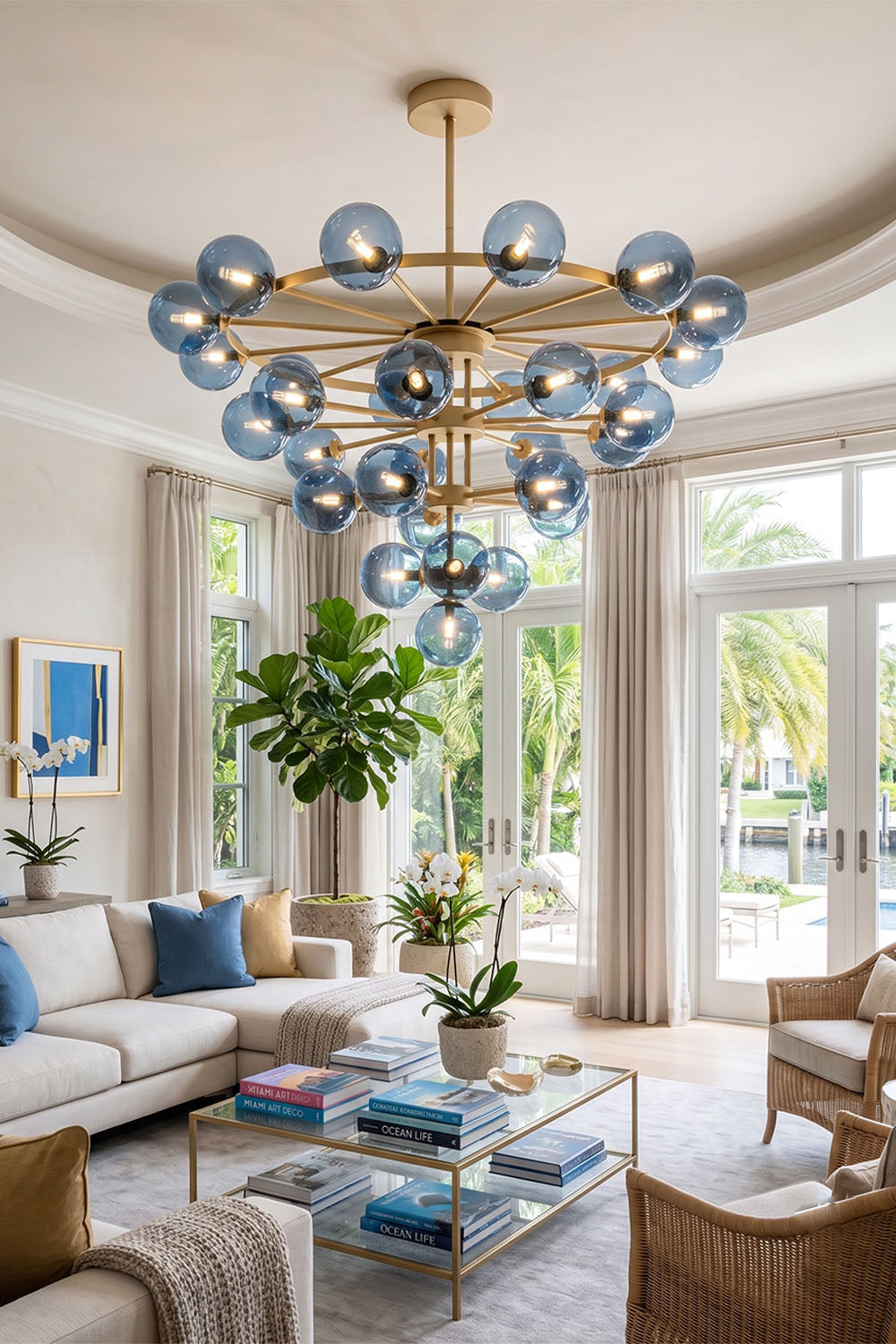 Blue Glass Bubble Globe Tiered Chandelier
