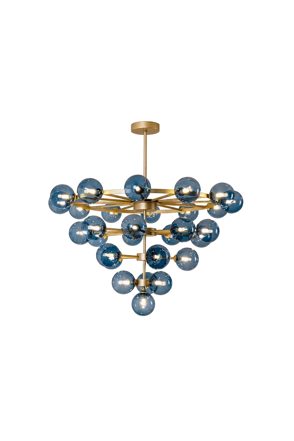 Blue Glass Bubble Globe Tiered Chandelier | Blue Glass and Brass Metal | Full view isolated on a clean white background showcasing the multi-tiered conical design | Samu Lamp