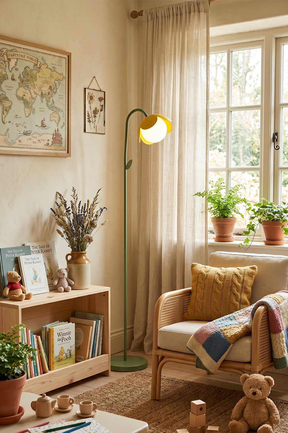 Botanical Aura Metal Floor Lamp | Metal, Glass | Yellow flower lamp in a cozy living area | Warm ambient light with wooden furniture | Samu Lamp