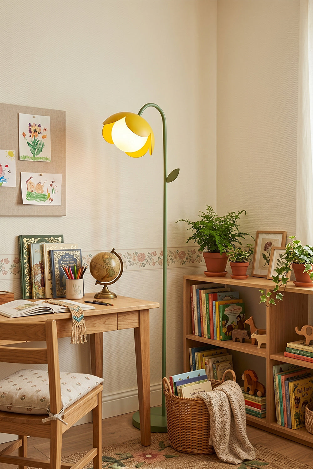 Botanical Aura Metal Floor Lamp | Metal, Glass | Yellow flower lamp in a child's study corner | Next to wooden desk and bookshelves | Samu Lamp