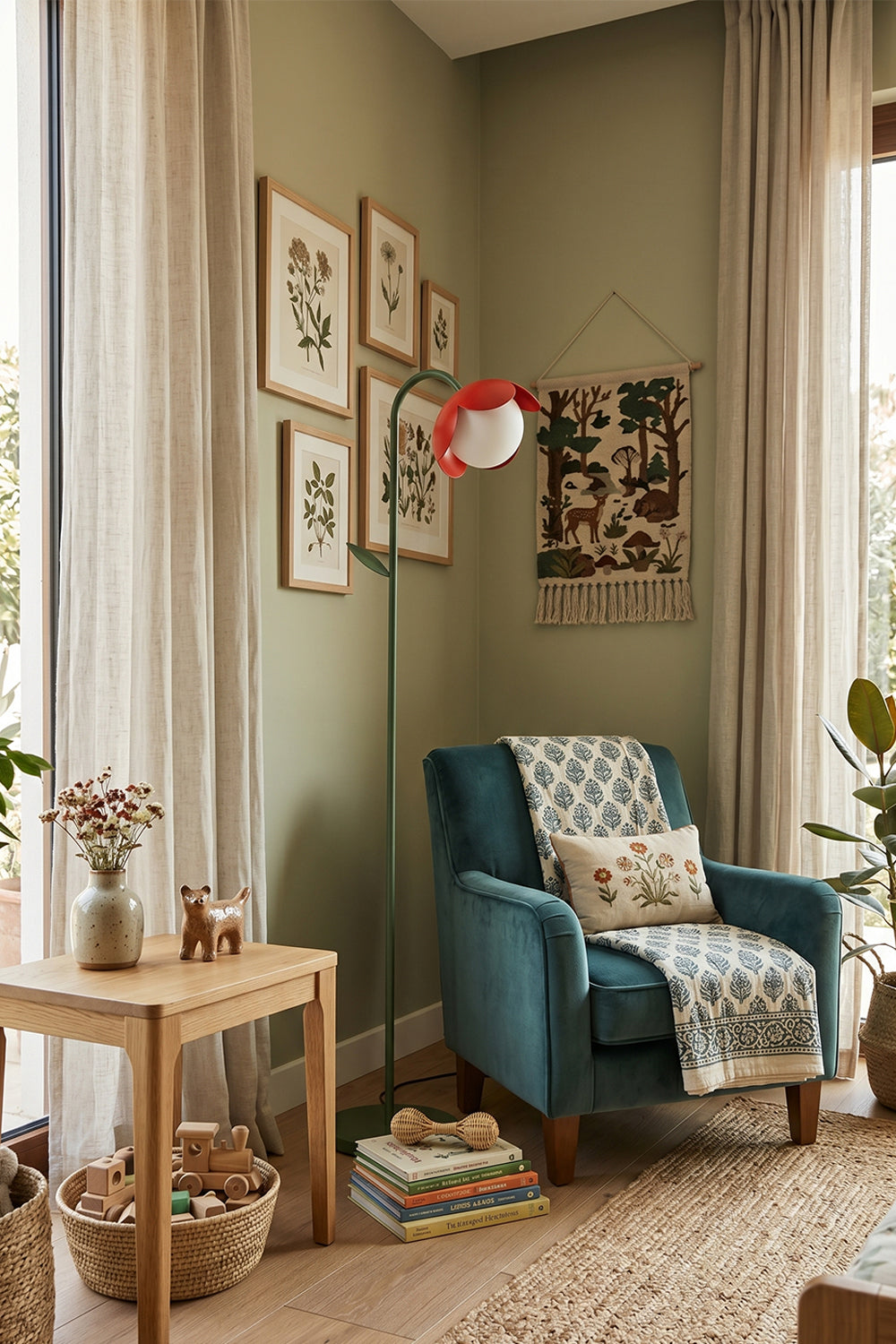 Botanical Aura Metal Floor Lamp | Metal, Glass | Red flower lamp in a modern reading corner | Near teal armchair and gallery wall | Samu Lamp