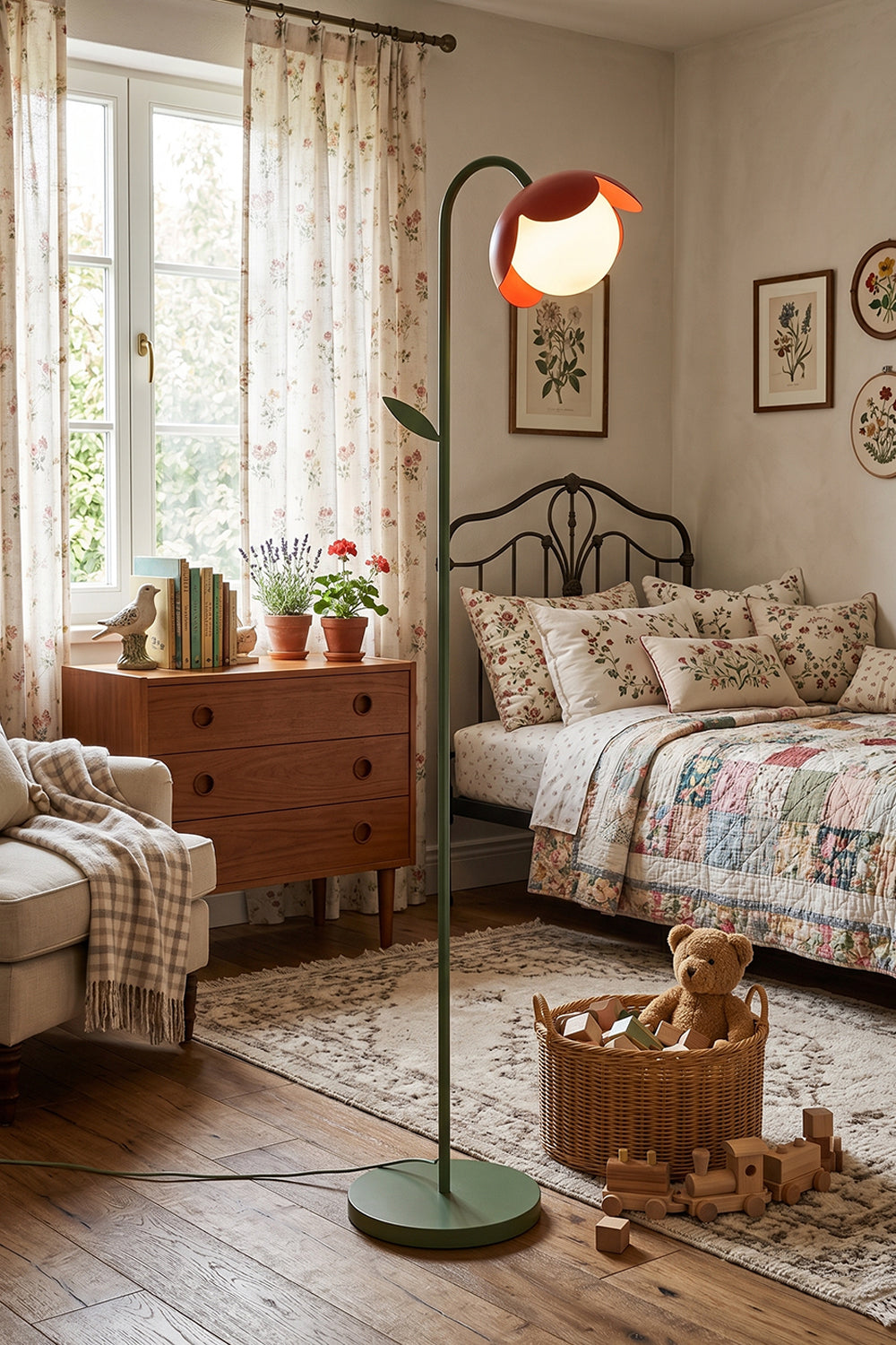 Botanical Aura Metal Floor Lamp | Metal, Glass | Red flower lamp in a cottage-style bedroom | Quilted bedding and vintage furniture | Samu Lamp