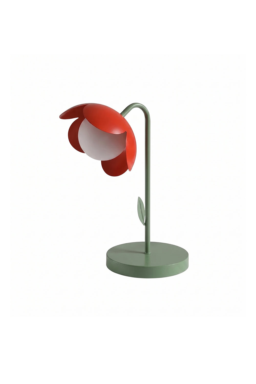 Isolated red botanical table lamp | Metal and glass | Stylized tulip shape with green base, red petals, white globe | Isolated white background | Facing slightly left | Samu Lamp