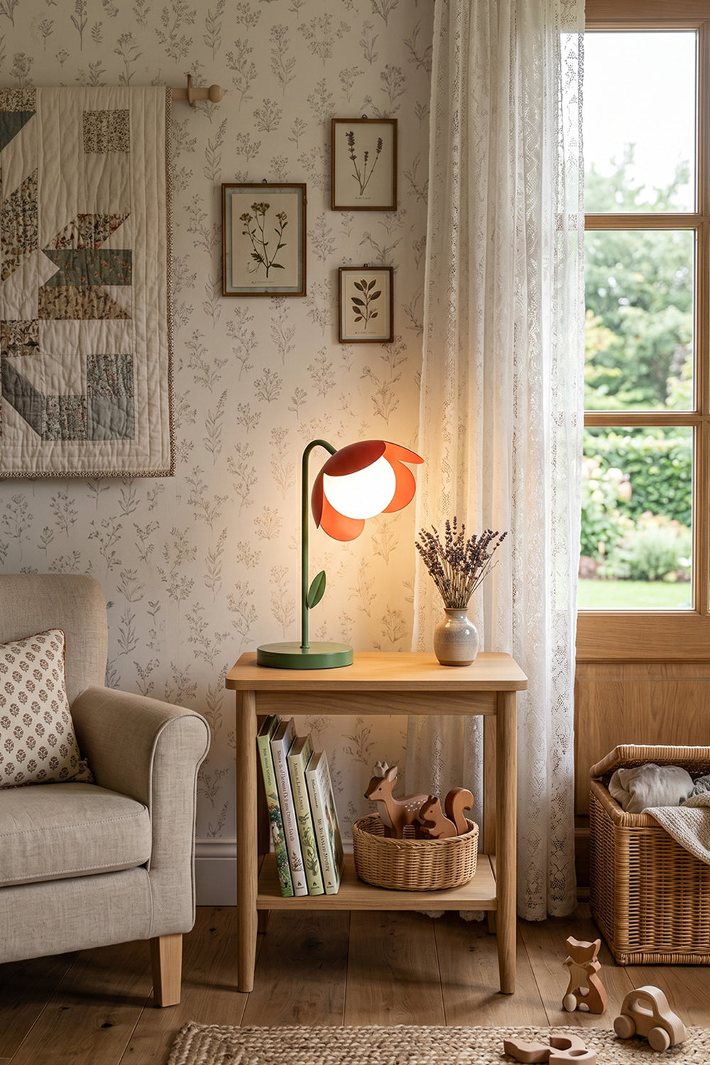 Calm nature-print living area scene | Metal and glass | Red petal botanical lamp on side table | Grey armchair and nature wallpaper | Quiet reading nook | Samu Lamp