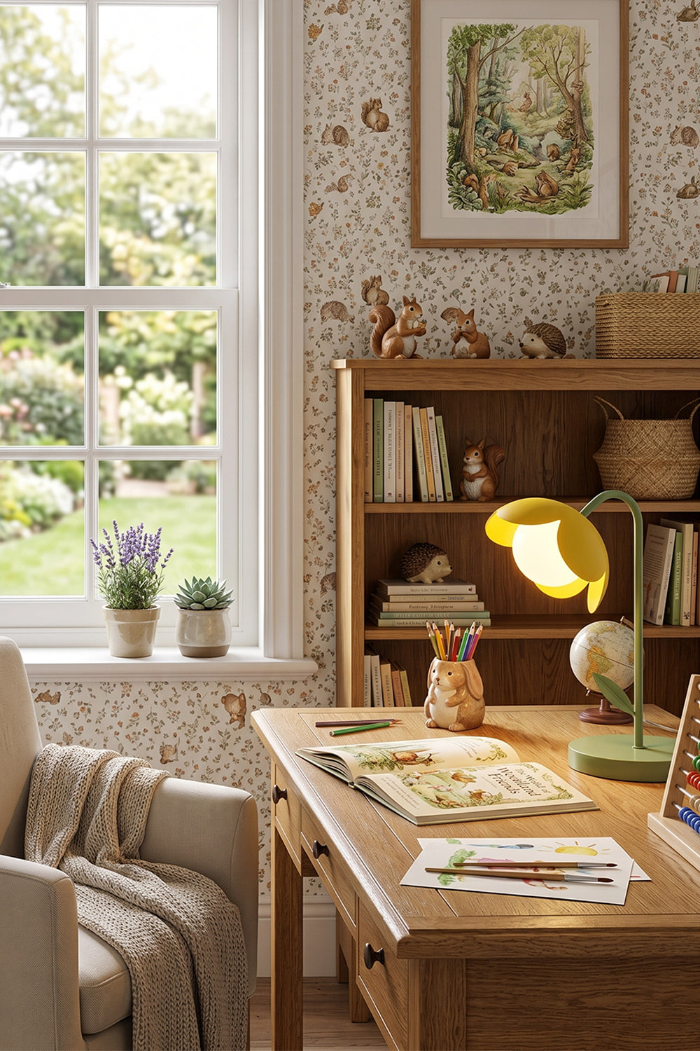 Rustic kids' study room scene | Metal and glass | Yellow petal botanical lamp on wooden desk | Built-in bookshelves and window | Warm natural light | Samu Lamp