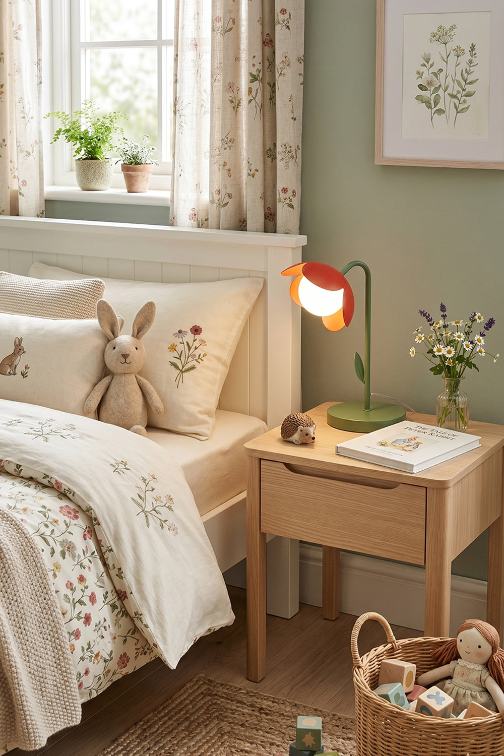 Kids' nature-themed bedroom scene | Metal and glass | Red petal botanical lamp on wooden nightstand | Nature-themed bedding, stuffed animal | Next to large headboard | Samu Lamp