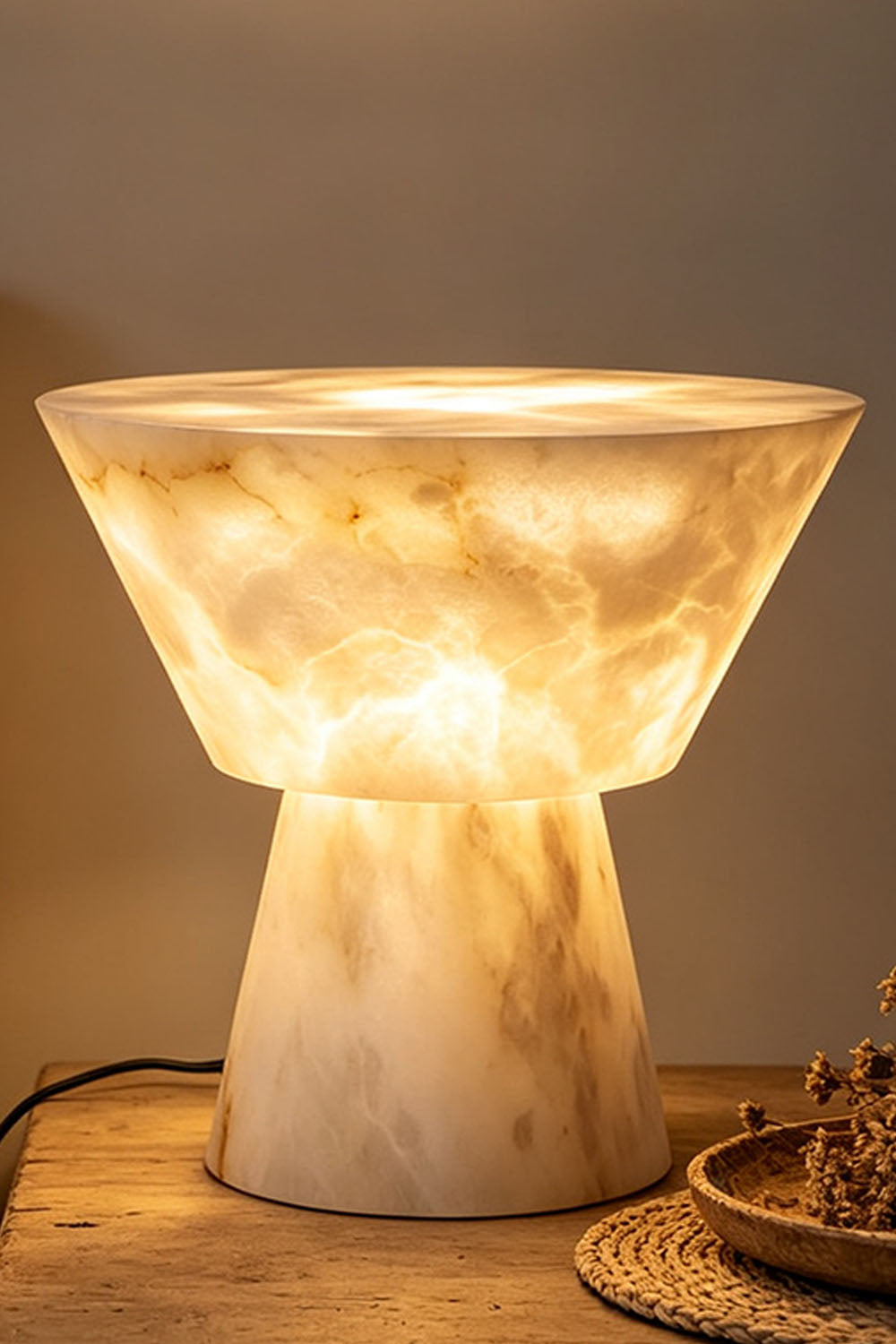 Bramwell Chalice Alabaster Table Lamp | Natural Alabaster | Close-up view of the glowing carved stone shade on a wooden surface | Samu Lamp