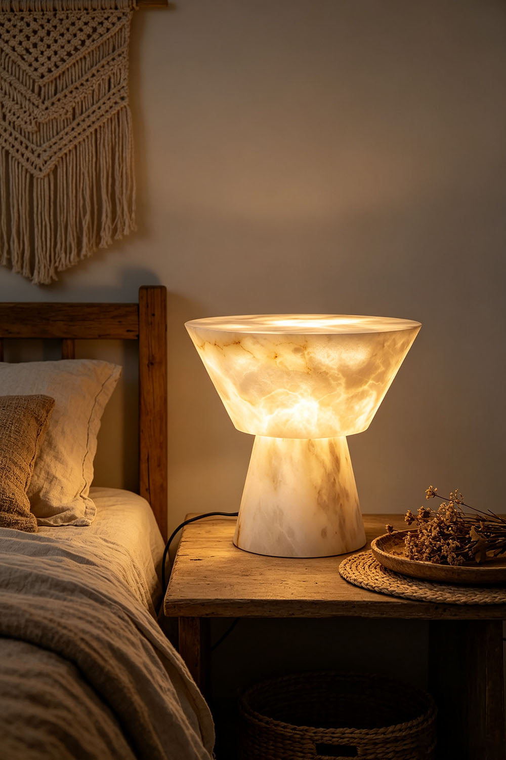 Bramwell Chalice Alabaster Table Lamp | Natural Alabaster | Placed on a bedside table in a cozy rustic bedroom setting | Samu Lamp