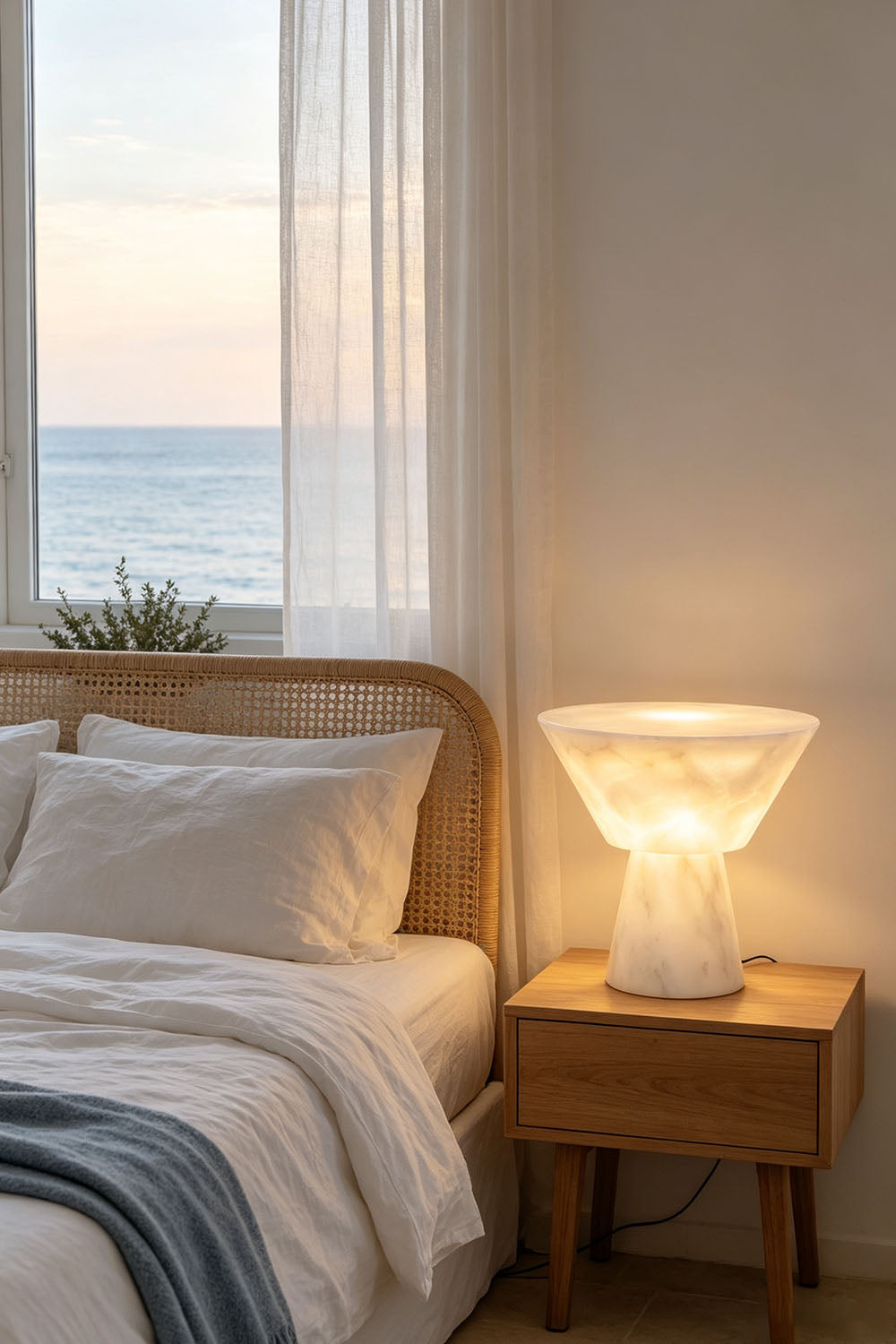 Bramwell Chalice Alabaster Table Lamp | Natural Alabaster | Displayed on a wooden nightstand in a coastal bedroom with ocean views | Samu Lamp