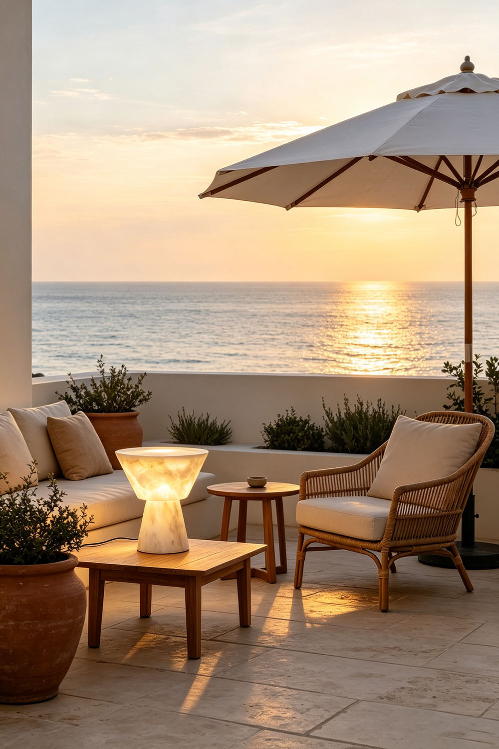 Bramwell Chalice Alabaster Table Lamp | Natural Alabaster | Styled on an oceanfront terrace side table during sunset | Samu Lamp
