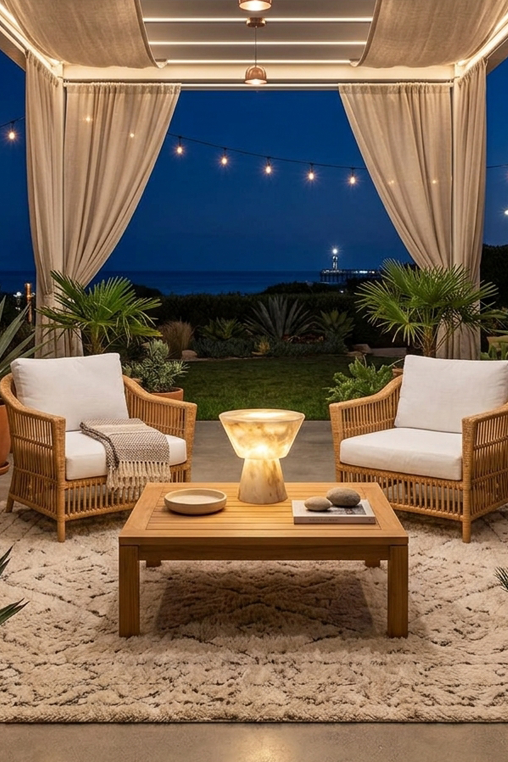 Bramwell Chalice Alabaster Table Lamp | Natural Alabaster | Illuminating an evening patio setting under string lights | Samu Lamp