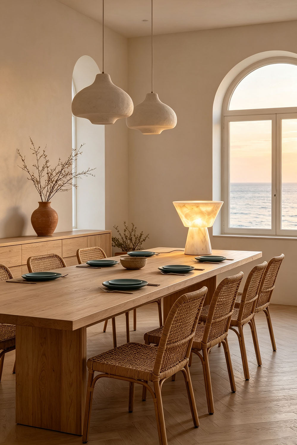 Bramwell Chalice Alabaster Table Lamp | Natural Alabaster | Displayed on a wooden dining table in a room with arched ocean-view windows | Samu Lamp