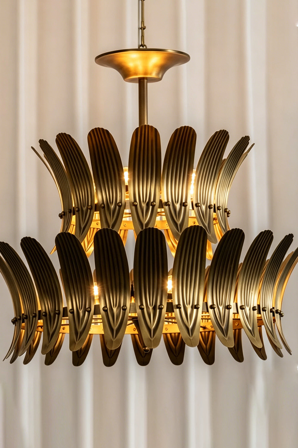 Brass Feather Tiered Chandelier |Brass detail | Samu Lamp