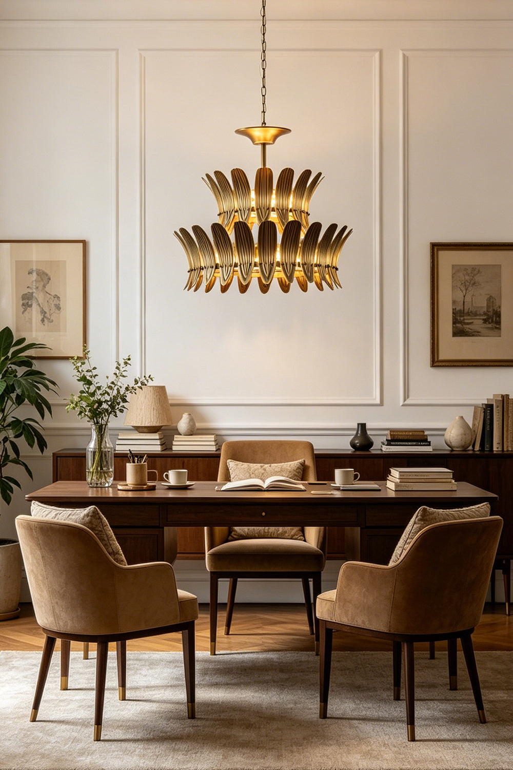 Brass Feather Tiered Chandelier for Den/Study | Samu Lamp