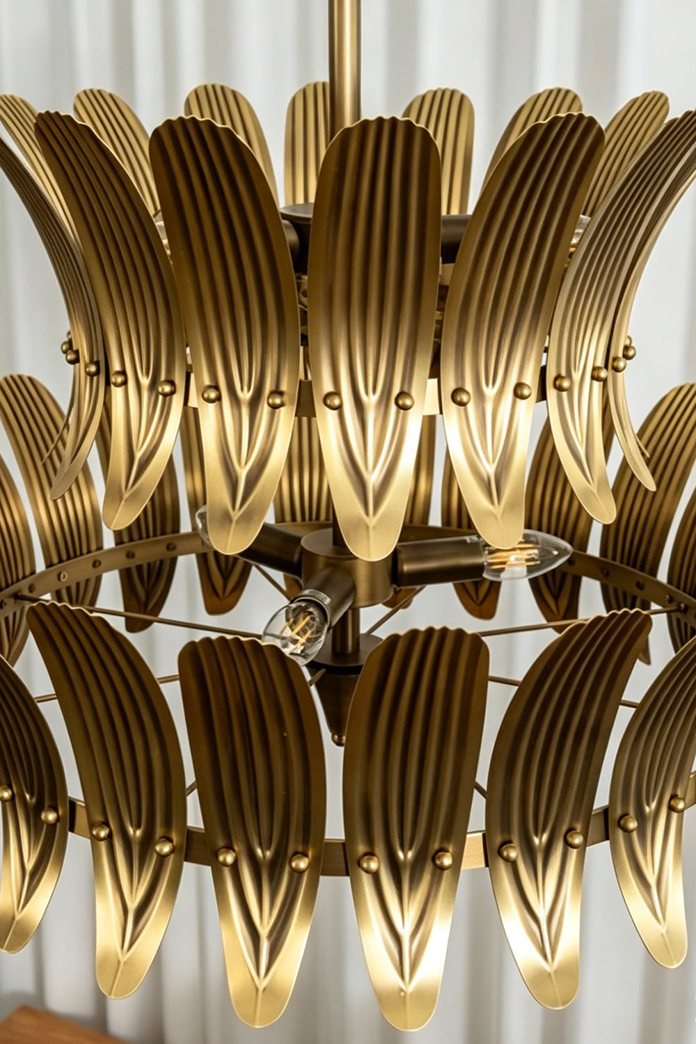 Brass Feather Tiered Chandelier |Brass detail | Samu Lamp