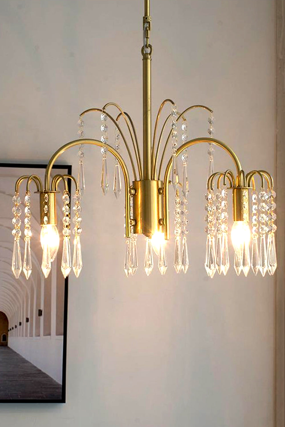 Brass Halo Arched-Arm Crystal Chandelier