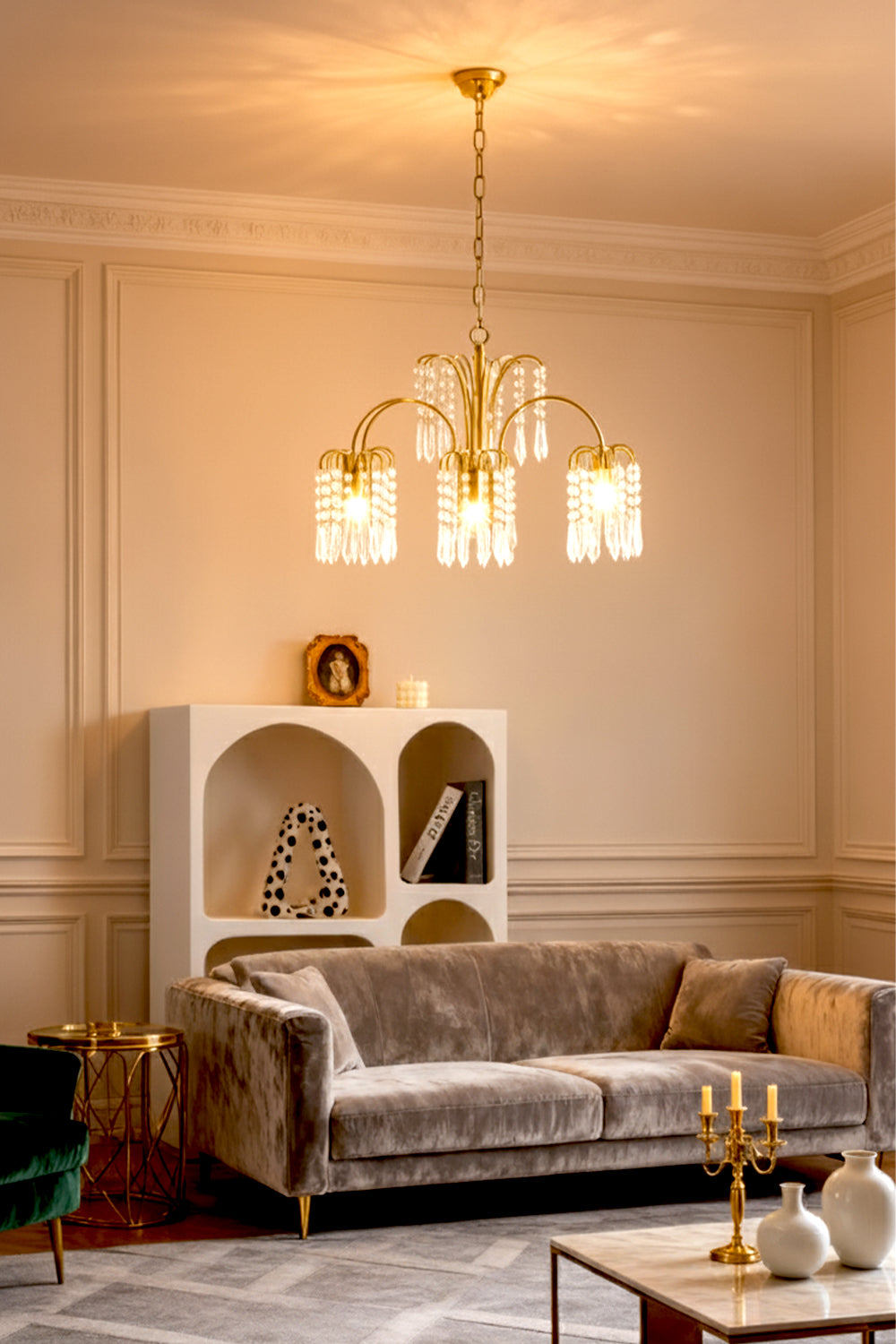 Brass Halo Arched-Arm Crystal Chandelier