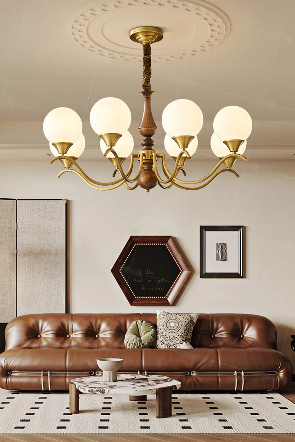 Brass Vintage Walnut Globe Chandelier