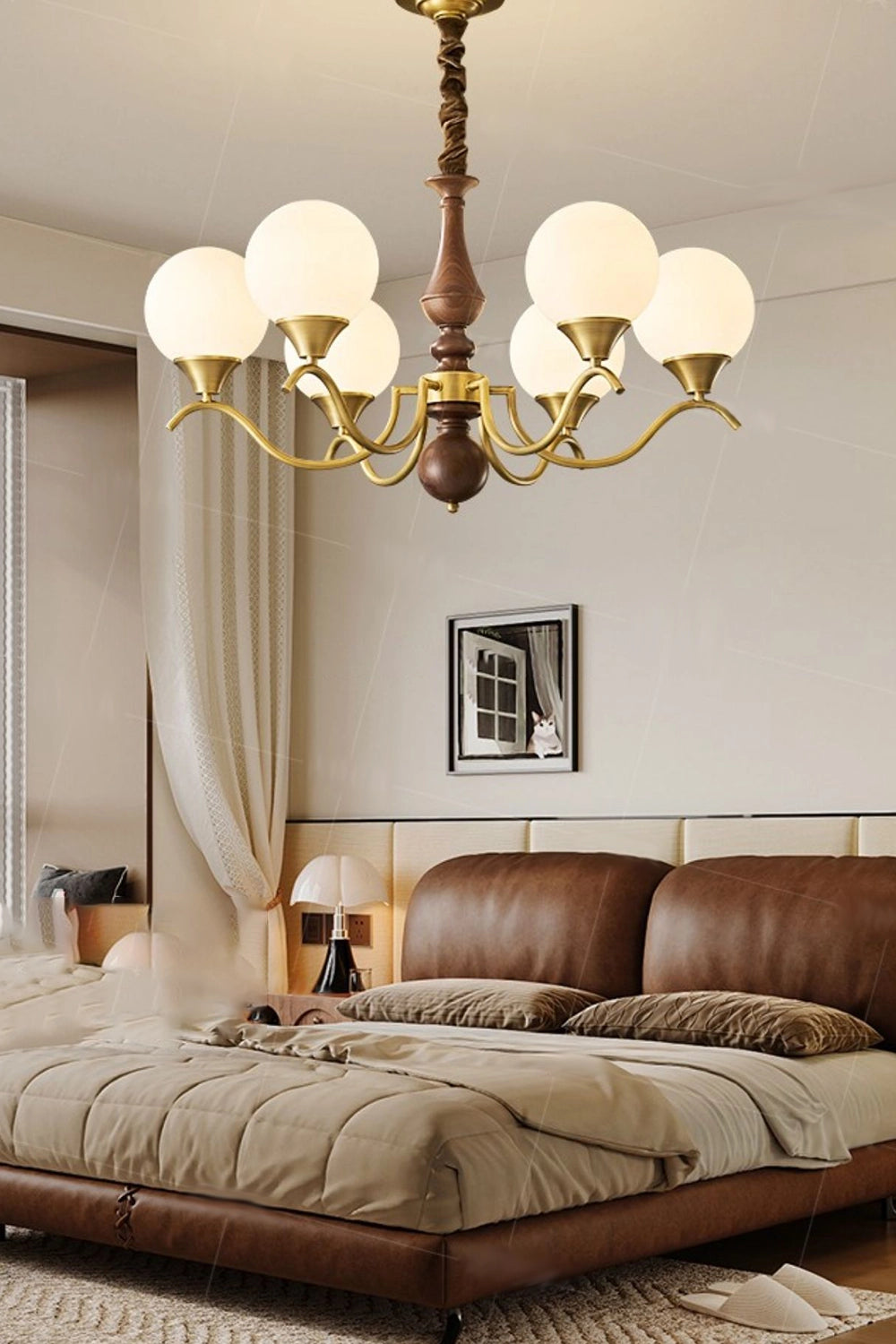 Brass Vintage Walnut Globe Chandelier