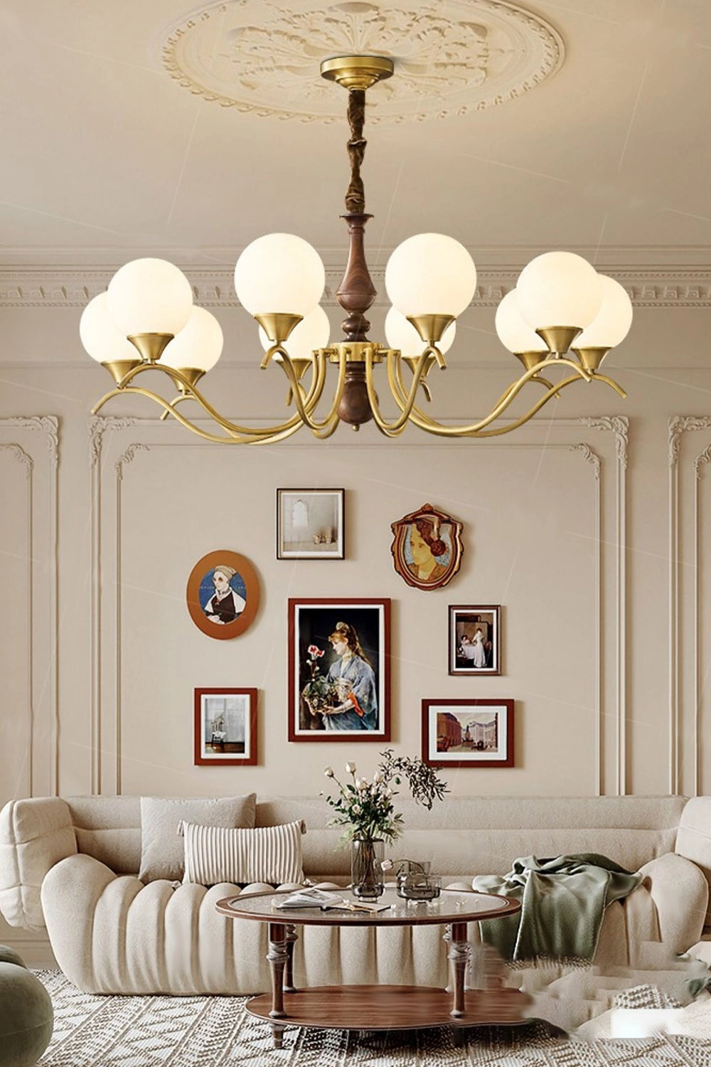 Brass Vintage Walnut Globe Chandelier