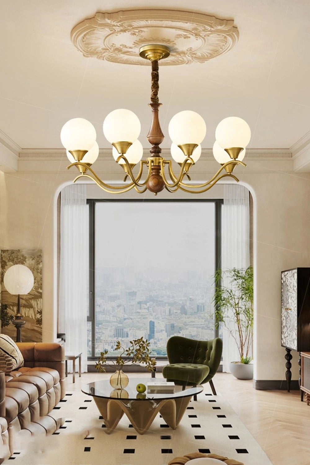 Brass Vintage Walnut Globe Chandelier