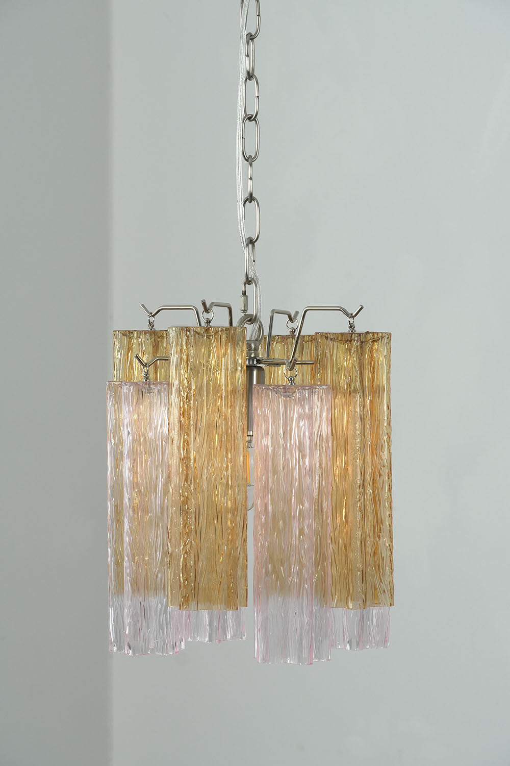 Brevalle Mini Chandelier | Ribbed Glass and Nickel | Suspended against neutral wall in natural light, unlit | Samu Lamp