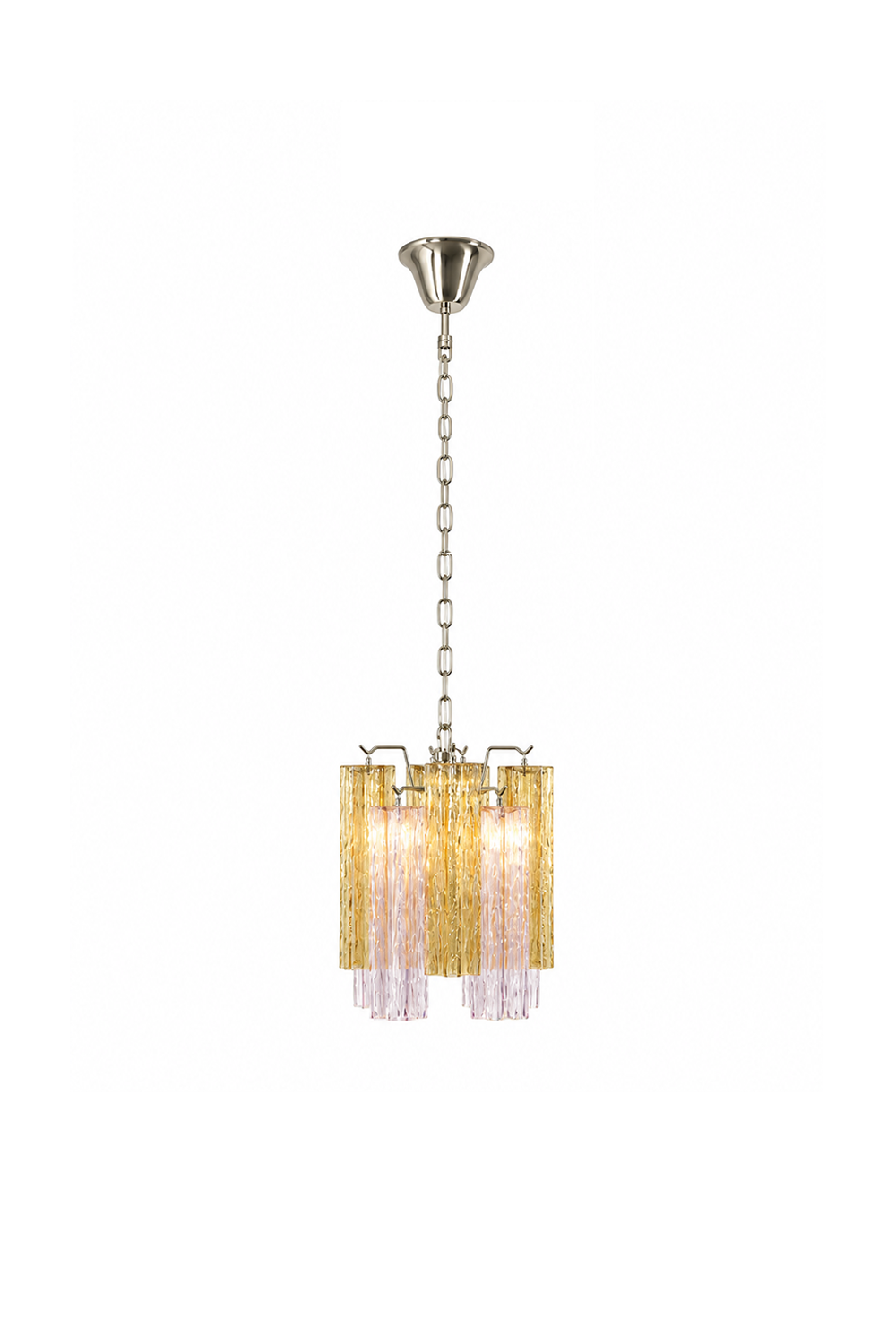 Brevalle Mini Chandelier | Textured Glass and Nickel | Full hanging view on pure white background, unlit | Samu Lamp