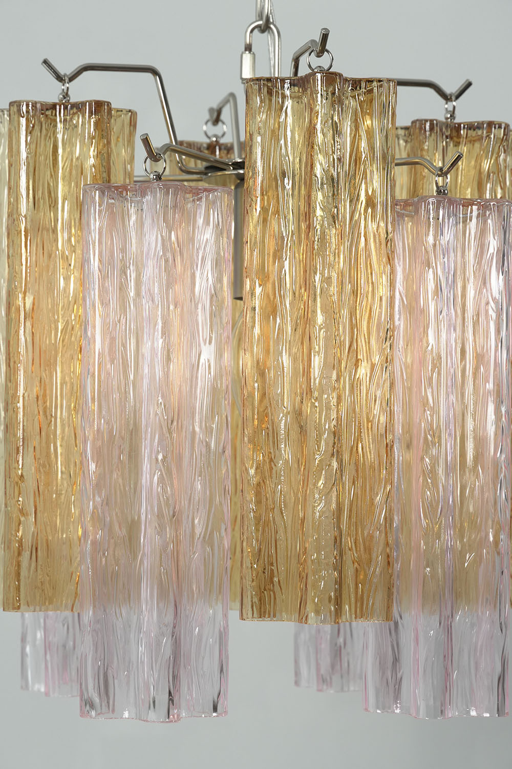 Brevalle Mini Chandelier | Ribbed Glass and Nickel | Close-up front view of multi-toned glass tubes, unlit | Samu Lamp
