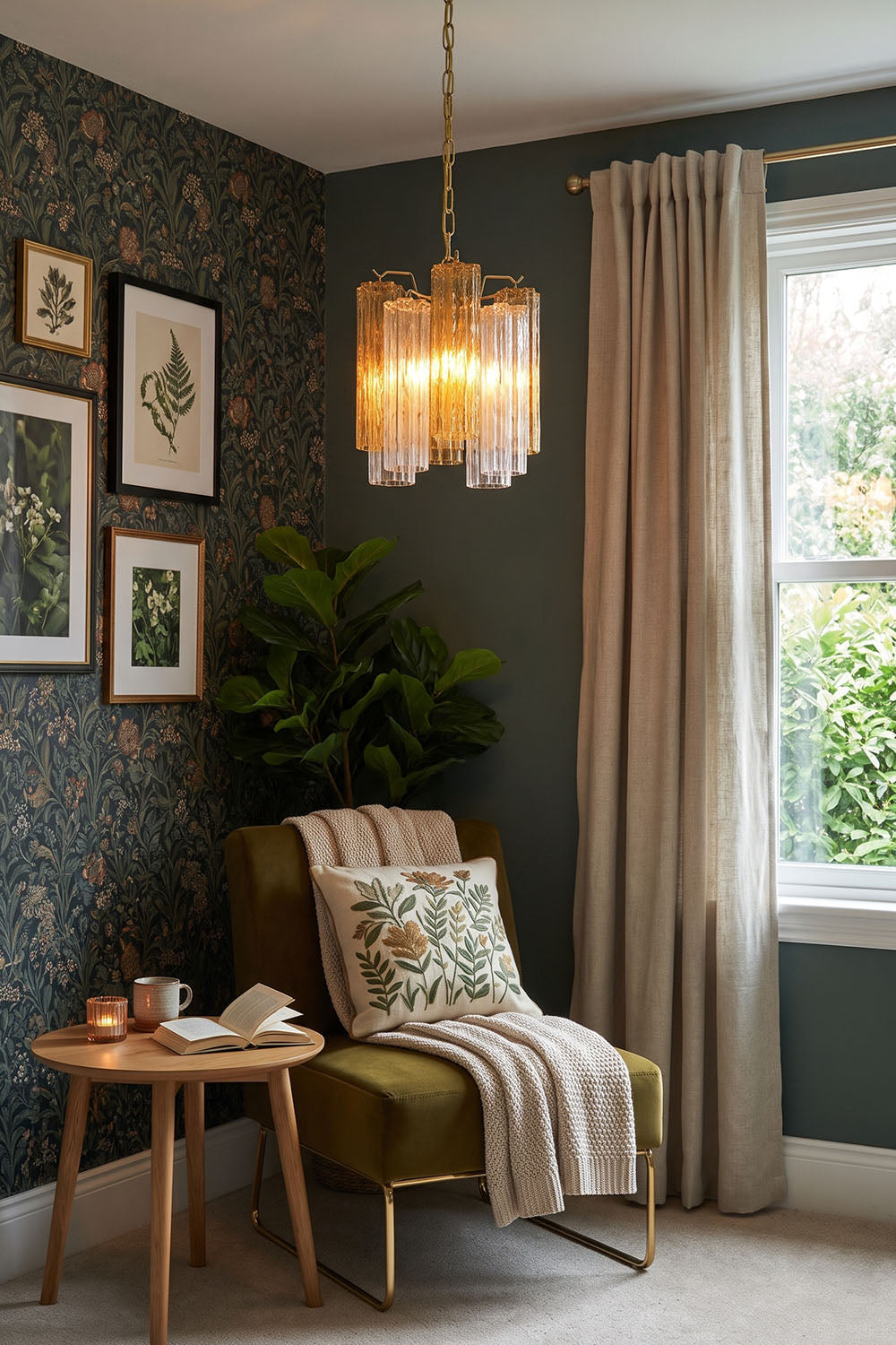 Brevalle Mini Chandelier | Amber Glass and Metal | Hanging in a moody living room reading nook with armchair | Samu Lamp