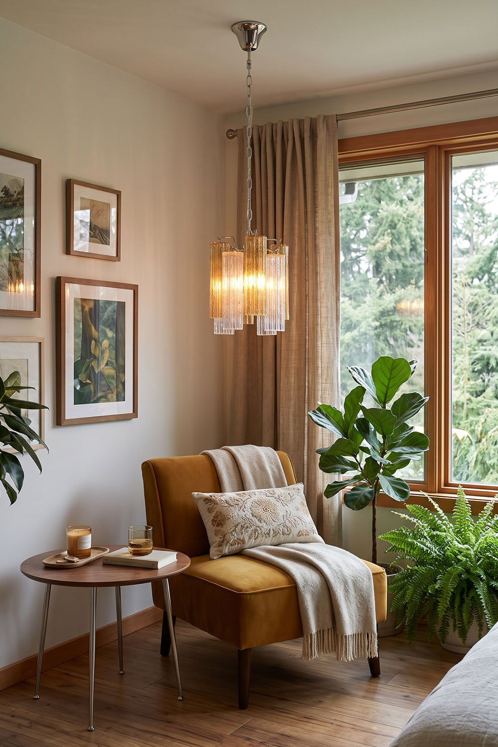 Brevalle Mini Chandelier | Fluted Glass and Metal | Suspended above a cozy armchair reading corner by window | Samu Lamp