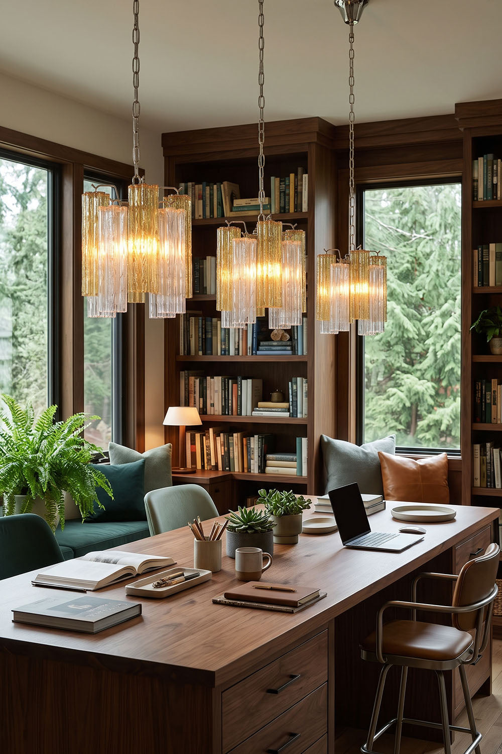 Brevalle Mini Chandelier | Textured Glass and Metal | Lit above an executive wooden desk in home study room | Samu Lamp