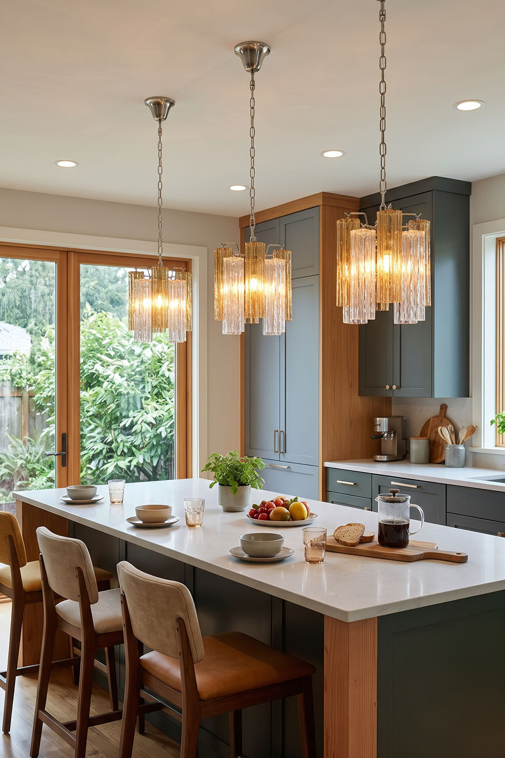 Brevalle Mini Chandelier | Ribbed Glass and Nickel | Trio suspended above kitchen island with wood cabinetry | Samu Lamp