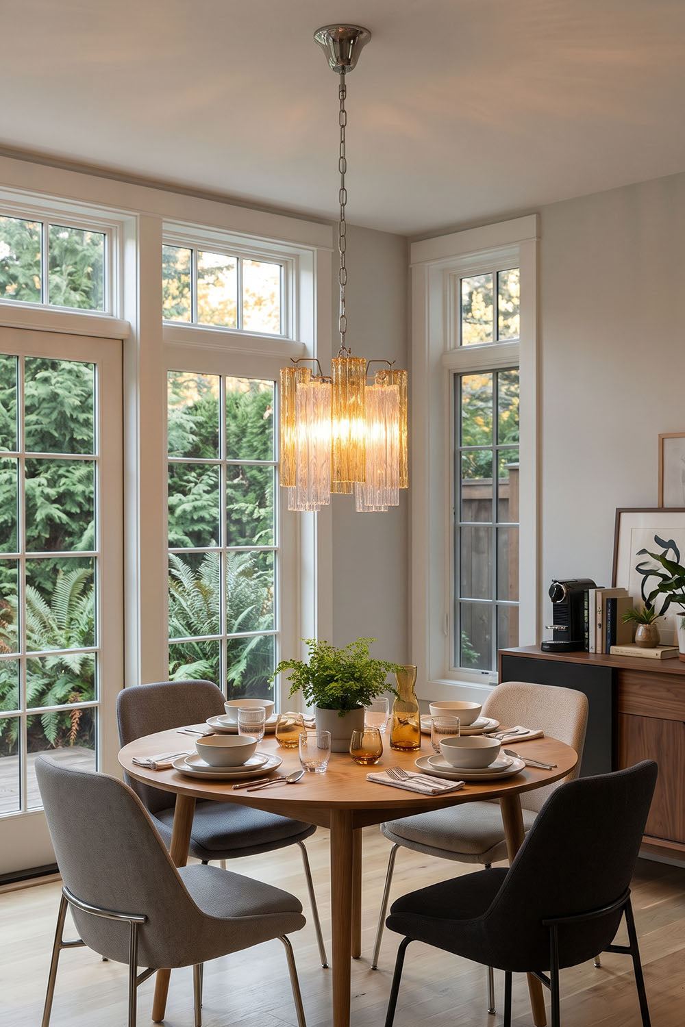 Brevalle Mini Chandelier | Textured Glass and Nickel | Installed above a round wooden dining table by windows | Samu Lamp