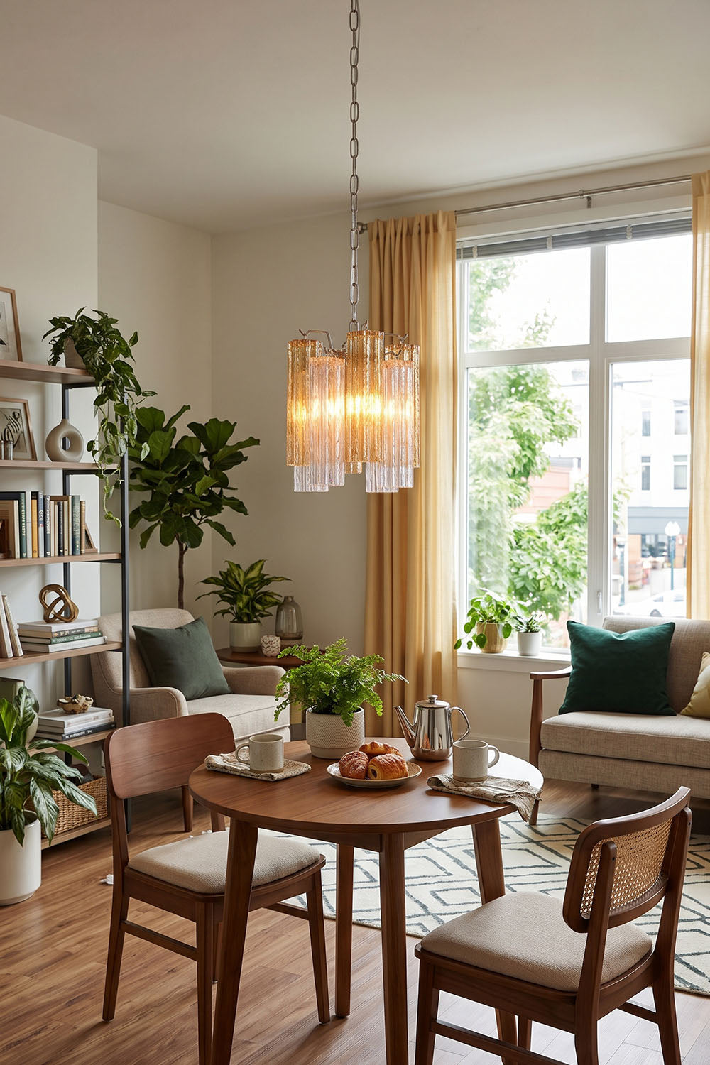Brevalle Mini Chandelier | Textured Glass and Metal | Hanging above a round wooden table in sunlit dining nook | Samu Lamp