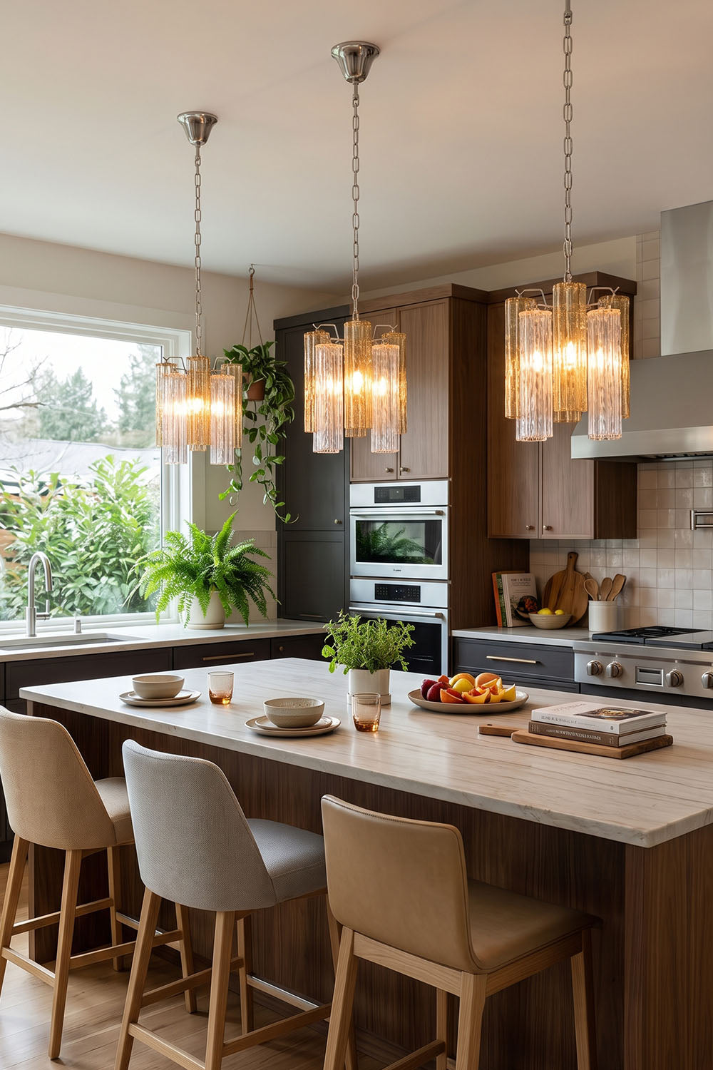 Brevalle Mini Chandelier | Fluted Glass and Metal | Installed over contemporary kitchen island with bar stools | Samu Lamp
