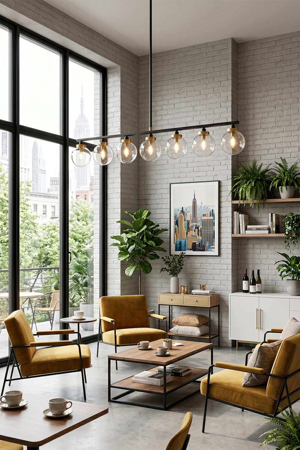 Brooks Linear Glass Globe Chandelier | Glass, Metal | Positioned elegantly in a contemporary loft lounge area, radiating a warm yellow halo above plush tan leather armchairs | Samu Lamp