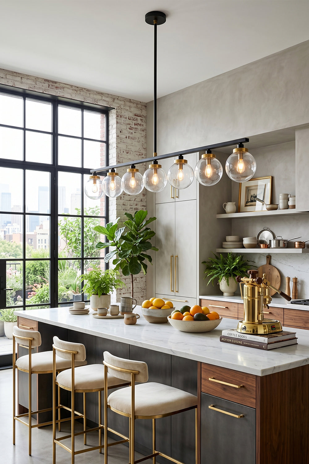 Brooks Linear Glass Globe Chandelier | Glass, Metal | Hanging as stylish island lighting in a modern industrial kitchen, casting a warm glow over wooden barstools and a marble countertop | Samu Lamp